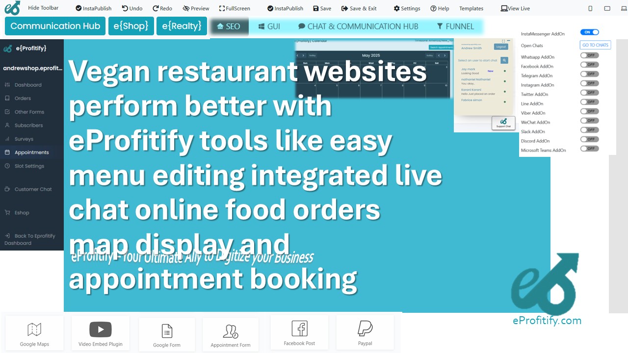 Vegan restaurant websites perform better with eProfitify tools like easy menu editing integrated live chat online food orders map display and appointment booking